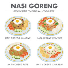 Various type of Fried Rice, or Nasi Goreng in Bahasa Indonesia.Nasi Goreng is an Indonesian dish that usually spiced with sweet soy sauce and accompanied by other ingredients like egg or vegetable.