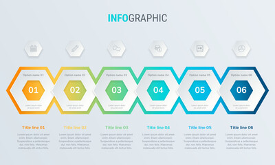 Abstract business honeycomb  infographic template with 6 steps. Colorful diagram, timeline and schedule isolated on light background.
