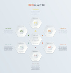 Vector infographics timeline design template with honeycomb elements. Content, schedule, timeline, diagram, workflow, business, infographic, flowchart. 6 options infographic.
