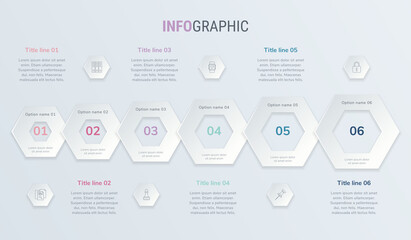 Vintage colors vector infographics timeline design template with honeycomb elements. Content, schedule, timeline, diagram, workflow, business, infographic, flowchart. 6 steps infographic.
