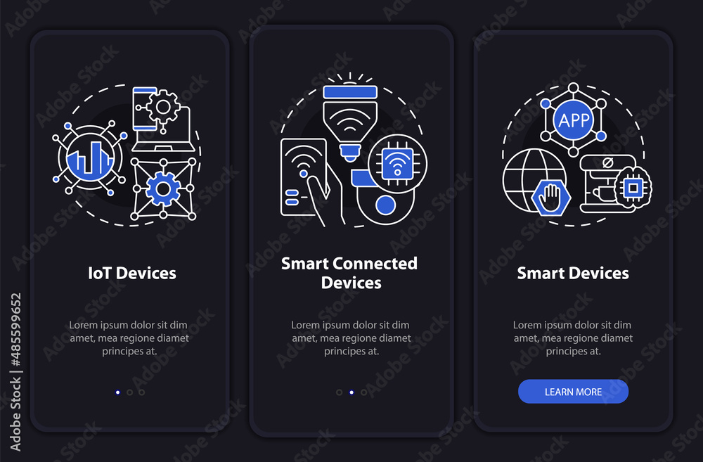 Poster smart technologies types night mode onboarding mobile app screen. walkthrough 3 steps graphic instru