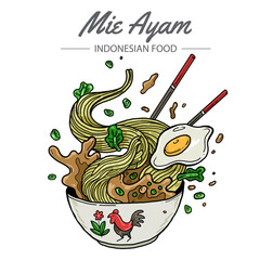 Mie Ayam is traditional Indonesian chicken noodle. Vector Illustration of a bowl with chicken picture.