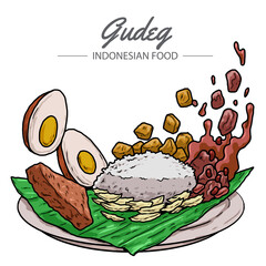Gudeg is a traditional Javanese cuisine from Yogyakarta Indonesia, made from young unripe jack fruit stewed for several hours with palm sugar, and coconut milk.