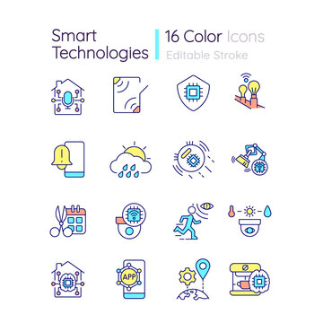 Smart technologies RGB color icons set. Devices for home automation. Remote control. Isolated vector illustrations. Simple filled line drawings collection. Editable stroke. Quicksand-Light font used