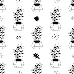 Seamless pattern with home plants in hand drawn style. Outline hand drawing. Illustration for textiles, stickers, cards, wallpaper, wrapping paper. Isolated on white background vector illustration