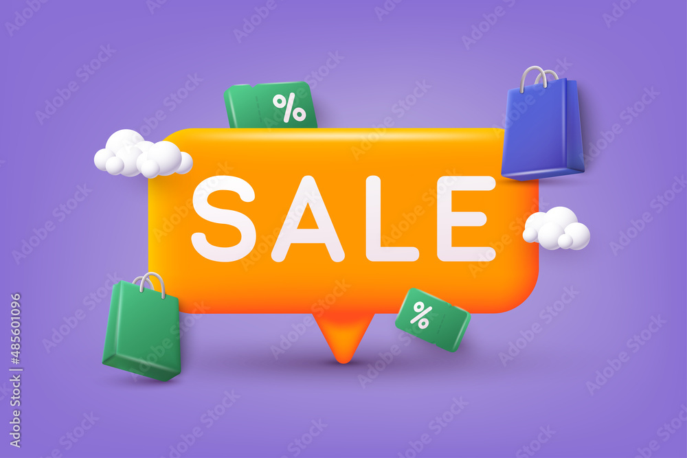 Poster online shopping on application and website concept. discount banner design. 3d web vector illustrati