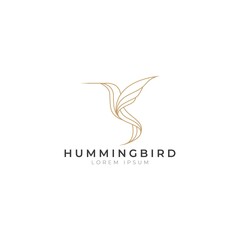 Hummingbird icon logo vector with modern luxury line gold color concept. Abstract humming bird with simple elegant style design vector. - obrazy, fototapety, plakaty