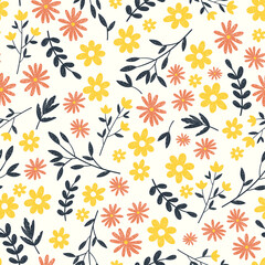 Cute hand drawn floral seamless pattern, lovely daisies on colorful background, great for textiles, banners, wallpapers - vector design