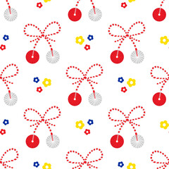 Martisor talismans, gifts, traditional accessories and colorful flowers vector seamless pattern background for Martisor holiday celebration.
