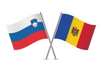 Slovenia and Moldova crossed flags. Slovenian and Moldovan flags, isolated on white background. Vector icon set. Vector illustration.