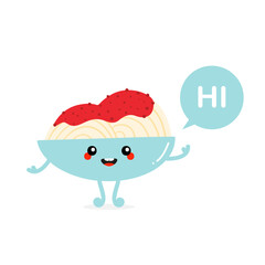 Cute happy spaghetti dish with tomato sauce character with speech bubble saying hi, hello.