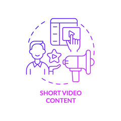 Short video content purple gradient concept icon. Customer involving. Promo video. Marketing trend abstract idea thin line illustration. Isolated outline drawing. Myriad Pro-Bold font used