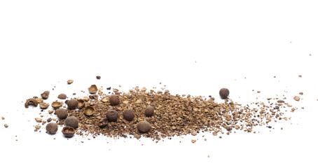 Allspice ground, pimento spice minced, Jamaican pepper and shavings isolated on white  