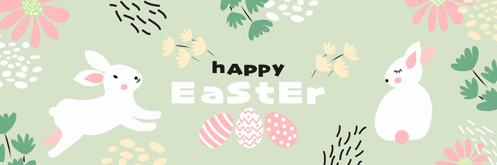 Happy Easter banner, poster background graphic design, decoration with bunnies, Easter eggs and flowers