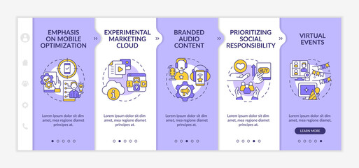 Marketing trends examples purple and white onboarding template. Responsive mobile website with linear concept icons. Web page walkthrough 5 step screens. Lato-Bold, Regular fonts used