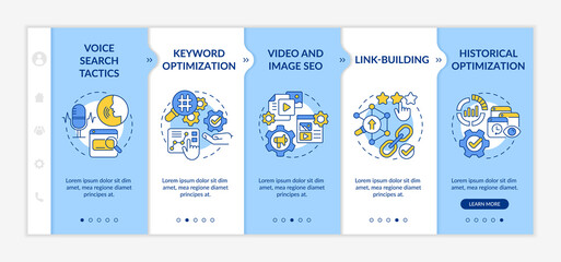 SEO marketing trends blue and white onboarding template. Promo campaign. Responsive mobile website with linear concept icons. Web page walkthrough 5 step screens. Lato-Bold, Regular fonts used