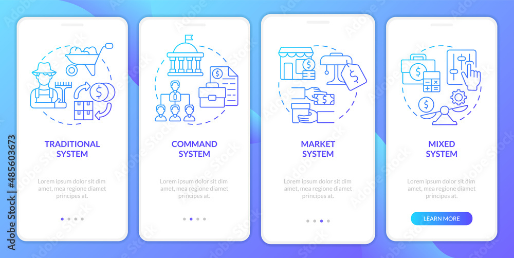 Poster economic system types blue gradient onboarding mobile app screen. walkthrough 4 steps graphic instru