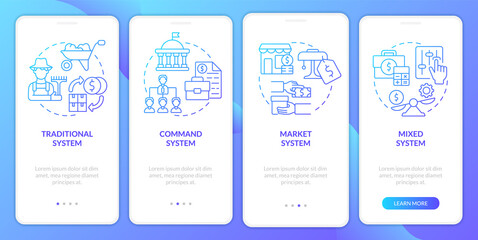 Economic system types blue gradient onboarding mobile app screen. Walkthrough 4 steps graphic instructions pages with linear concepts. UI, UX, GUI template. Myriad Pro-Bold, Regular fonts used