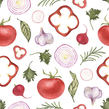 Seamless pattern. Watercolor vegetables with paint splatter. cucumber, salad, tomato, organic, avocado, leaves. Hand drawn Illustrations. on white background. For restaurant, kitchen, textile, fabric.