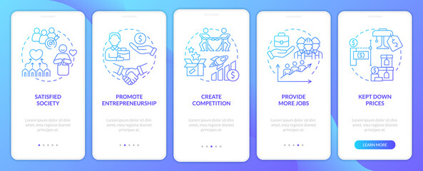 Market economy advantages blue gradient onboarding mobile app screen. Walkthrough 5 steps graphic instructions pages with linear concepts. UI, UX, GUI template. Myriad Pro-Bold, Regular fonts used