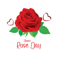 Happy Rose Day greeting card with red rose and heart shape vector. Beautiful red rose single flower vector isolated on a white background. Important day