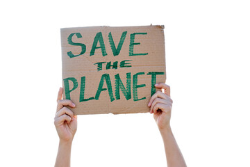 Woman's hand holding a cardboard sign that says SAVE THE PLANET