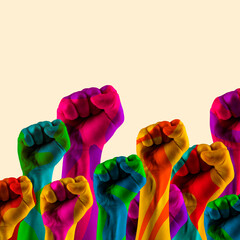 Fight for human rights. Modern art collage in pop-art style. Contemporary minimalistic artwork in neon bold colors with hands showing fist.
