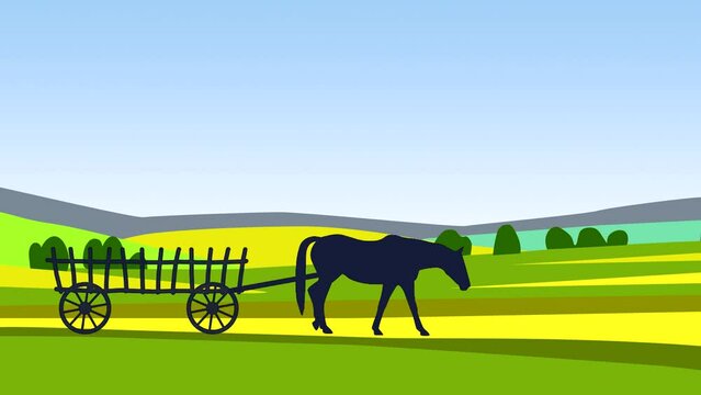Landscape with horse and cart in the countryside, animation (seamless loop)