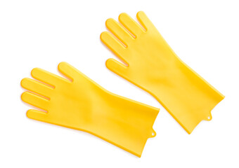 Yellow rubber gloves for cleaning, isolated on white background