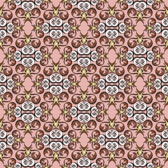 Seamless oriental pattern with abstract vintage elements. Decorative lace rprint with colored swirls.