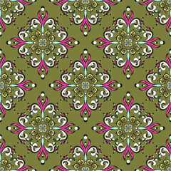 Decorative lace pattern in baroque or damask style. Floral elements of white and bright pink color on an olive background.