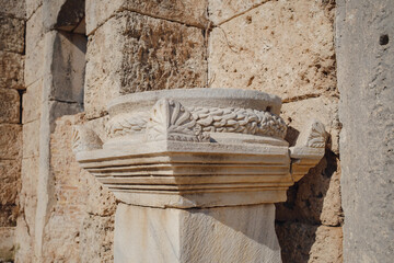 walk in Antalya Turkey on warm October afternoon, city Perge. Ancient Greek inscription in Perga city once capital of Pamphylia