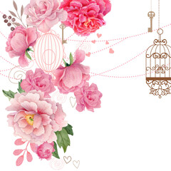 Floral bouquet, retro peonies and birdcage, keys, watercolor hand painted, clipping path included for fast isolation. Raster illustration - 485606415