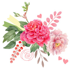Floral bouquet, retro peonies, watercolor hand painted, clipping path included for fast isolation. Raster illustration - 485606416