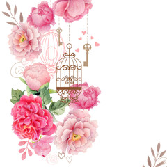 Floral bouquet, retro peonies and birdcage, keys, watercolor hand painted, clipping path included for fast isolation. Raster illustration - 485606435