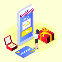 Buying jewelry online isometric 3d vector illustration concept for banner, website, landing page, ads, flyer template
