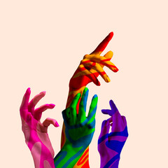 Contemporary art collage. Composition with multicolored human hands gesturing isolated on light background. Concept of diversity, friendship, rights, peace - obrazy, fototapety, plakaty