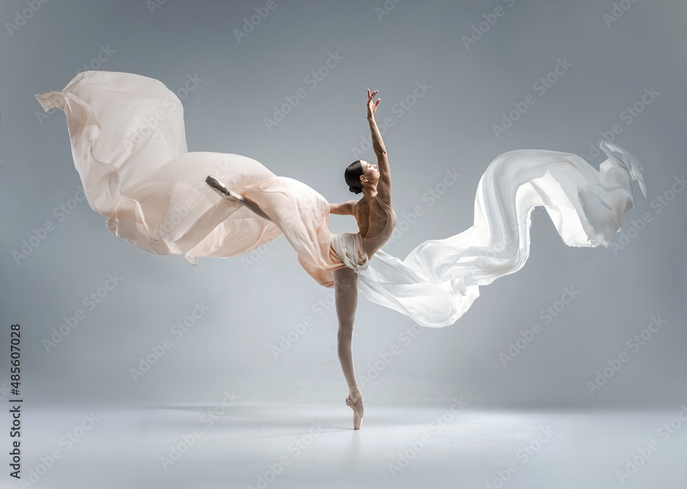 Wall mural beautiful ballerina dancing in the body color ballet leotard with body color cloth. she danced on ba - Wall murals