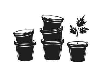 Seedlings potted.Springtime gardening. Black and white vector illustration for cutting.
