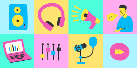 Equipment for sound recording and radio, bright icons in flat style.