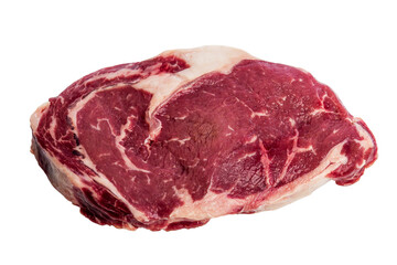 Raw marbled beef ribeye steak. Healthy food. Isolated on white background. Close-up.