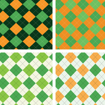 Collection set of 4 saint Patrick 's day argyle plaid seamless pattern in orange and green. Great as greeting card, gift wrapping paper and fashion textile  