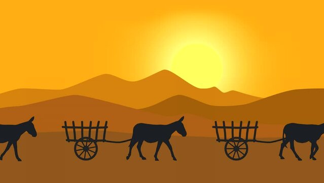 Desert landscape with sun, mountains and donkeys carts (animation, seamless loop)