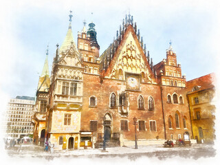 Wroclaw, Poland. Central market square, pregierz and gothic town hall. Watercolor landscape Poland architecture and landmark illustration