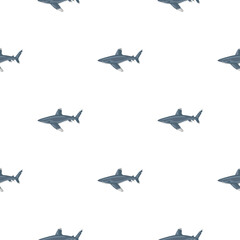 Oceanic whitetip shark seamless pattern in scandinavian style. Marine animals background. Vector illustration for children funny textile.