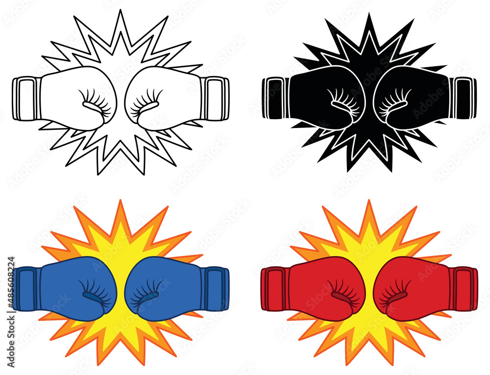 Wall mural Boxing Gloves Hitting Clipart Set - Outline, Silhouette and Color