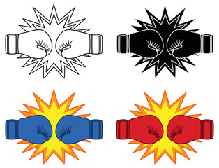 Boxing Gloves Hitting Clipart Set - Outline, Silhouette and Color