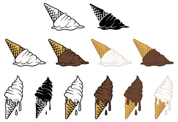 Dripping and Dropped Ice Cream Cone Clipart Set - Outline, Silhouette, Vanilla and Chocolate