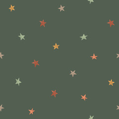 Watercolor Christmas seamless pattern. Scandinavian stars on green background. Hand made illustrations print. For design, cards, linens, wallpaper, cases design, posters, fabric, textile.