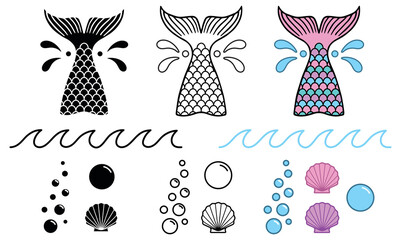 Mermaid Tail and Accessory Clipart Set - Outline, Silhouette and Color - obrazy, fototapety, plakaty